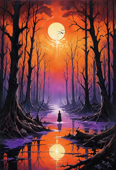 (  Depicted in painting by Dorothy Lathrop and Aaron Horkey:1.5)，Dark swamp ，Sunset， Low, Dry Trees ，Fallen Trees ， flooded ruins ， mystical landscape photography , glowing oil painting style ， dark purple marshland ， cover art for mystical books , Full of...