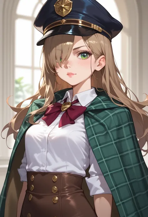 1Young girl，Dark brown long hair，Green eyes，Light brown plaid cape，White shirt，Crooked tie，Sherlock Holmes Peaked Cap，lol，The brim of the hat covers one eye，Gloves