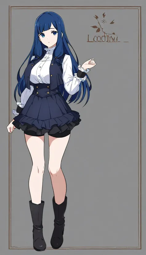 Niko tama style, 1girl, large breast, blue hair, ((long hair)), loosely tucked bangs, low-tied sidelocks, blue eyes, white formal shirt, long cuff sleeves, frilled sleeves, shirt tucked in, high-waist dark blue skirt, underbust skirt, frilled skirt, bike s...