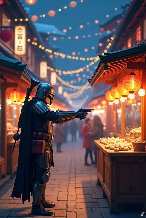 A Japanese festival scene with a bustling street lined with colorful food stalls, featuring a Mandalorian character participating in a shooting game at one of the stalls, surrounded by vibrant decorations and a magical atmosphere, night setting with lanter...