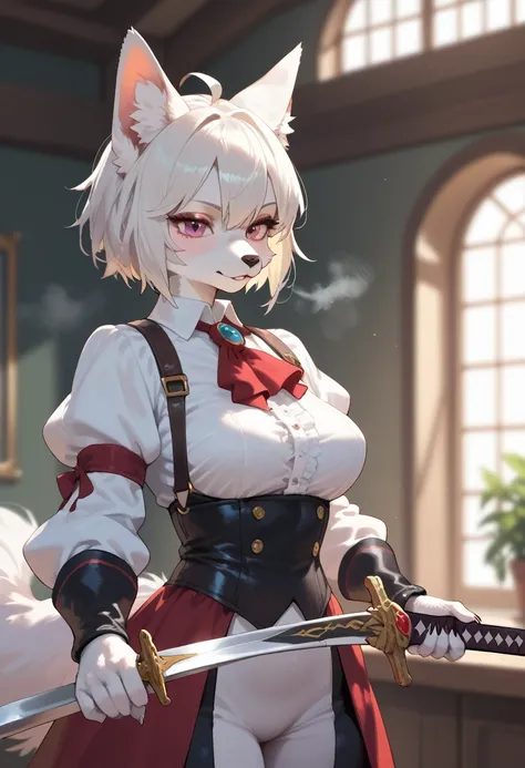 1girl,solo,furry,machine,steam,holding two short sword,white fur,sword focus,depth of field,style_2,