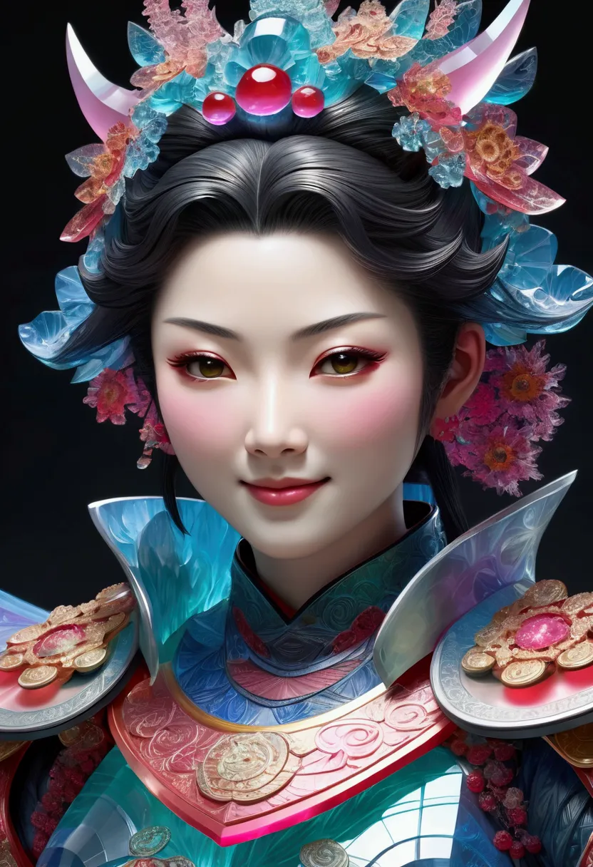 (masterpiece, highest quality, official art, beauty and sensibility: 1.2), (giant female samurai made of gelatin, Japanese armor), very detailed, (fractal art: 1.3), very rich in cool colors, most detailed, polygonal (front, left facing, right facing, many...