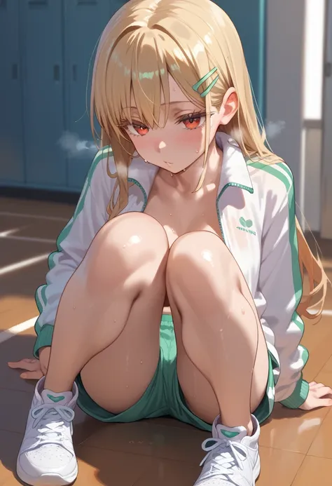 hiro-gym,shinosawa hiro,slender,orange eyes,white eyelashes,blonde hair,long hair,hairclip,track jacket,green shorts,white sneak...