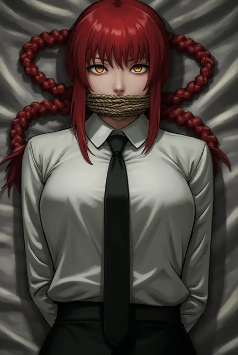 flux_makima, woman, red hair, single braid, sidelocks, yellow eyes, ringed eyes, collared shirt, white shirt, black necktie, bla...