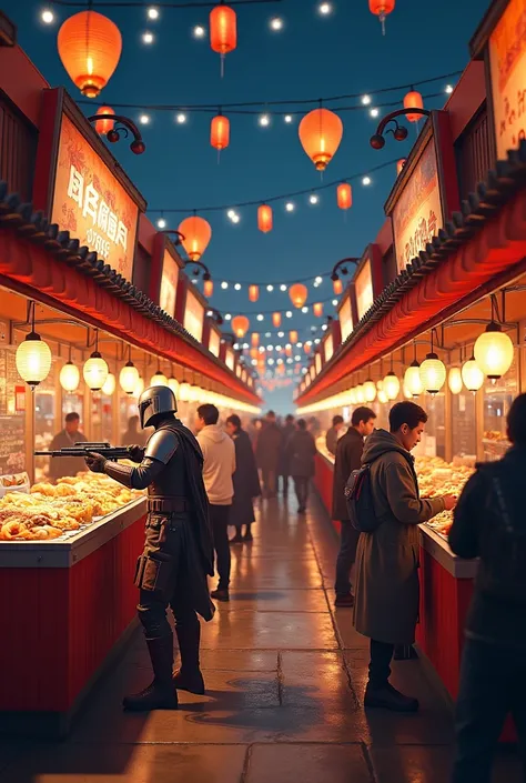 A vibrant Japanese festival scene with endless rows of food stalls, featuring a Mandalorian character engaging in a shooting game at one of the stalls, realistic and photorealistic style, colorful decorations, night setting with lanterns, people enjoying t...