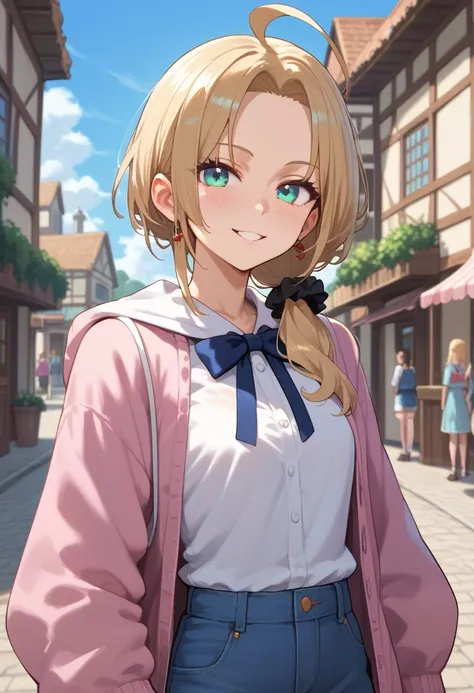 best quality,best quality, best masterpiece,
ahoge,,forehead.
girls..megane.
petite.
scrunchie..
fantasy
village