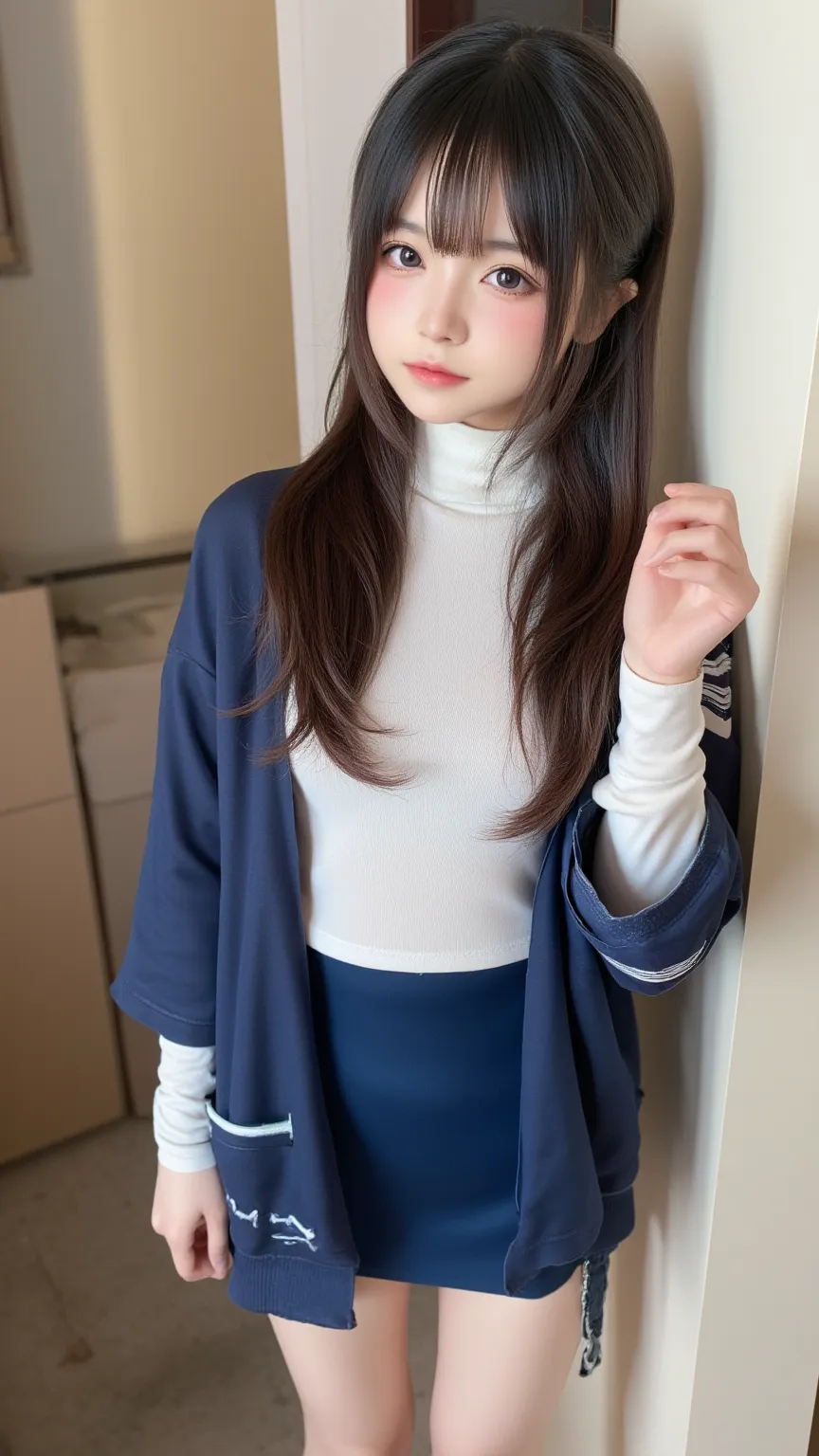    1 girl、  A beautiful dark-haired girl is staring at me while braiding.、 Laugh a little 、 IDOL CLASS CUTE   、baby face、   Raise Skirt   、   panties、slender、   smaller, Shapely breasts、   Healthy Thighs、   navy blue blazer   、  WHITE HIGH NECK UNDERWEAR  ...