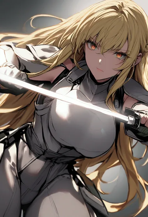 young woman , narrow waist, 155 cm tall, blonde long hair,    in light armor and with a two-handed sword in combat position and ...