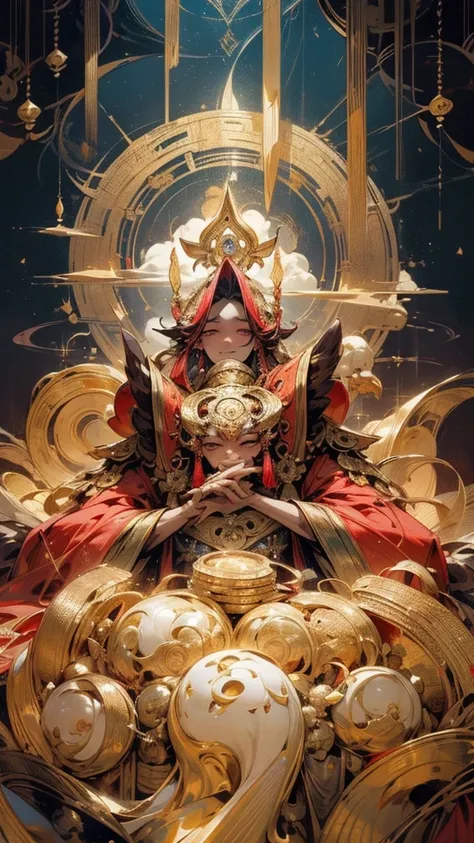 A majestic depiction of the Chinese god of wealth, Caishen (ไฉ่ซิงเอี๊ย), dressed in a traditional vibrant red robe adorned with intricate gold patterns and symbols of prosperity. He is seated gracefully on a large pile of treasure, surrounded by heaps of ...