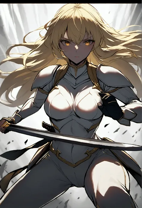 young woman , narrow waist, 155 cm tall, blonde long hair,    in light armor and with a two-handed sword in combat position and ...