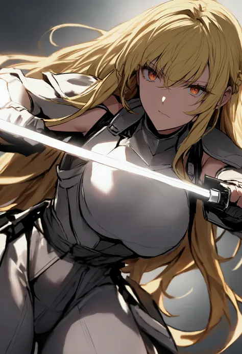 young woman , narrow waist, 155 cm tall, blonde long hair,    in light armor and with a two-handed sword in combat position and ...