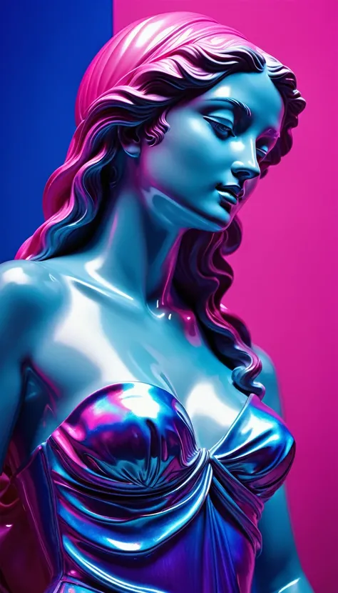 conceptual installation art, ultra close-up, cross section of a plaster statue of a shiny glossy silky cortesy elegance dignity curvaceous, (blue color filter, hot pink color filter, iridescent  color filter, violet color filter, random choice, random sele...