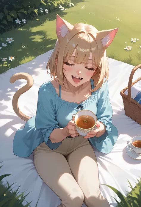 cinematic lighting, girl, cat girl, cat ears, cat tail, grass, picnic, basket of food, cup of tea in hand, laughing, closed eyes, breeze, beautiful sheet, from above, sitting on sheet, view over her head