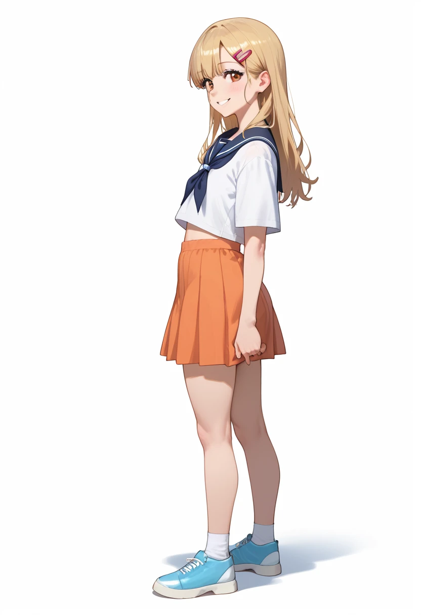 Highest quality, masterpiece, No correction, Beark 1 dhibi girl,shinosawa hiro,thin,Orange eyes,White eyelashes,Blonde,Long Hair,Hair Clip,cros hair clip,flat chest,white background,serafuku,smile,full body,from side,