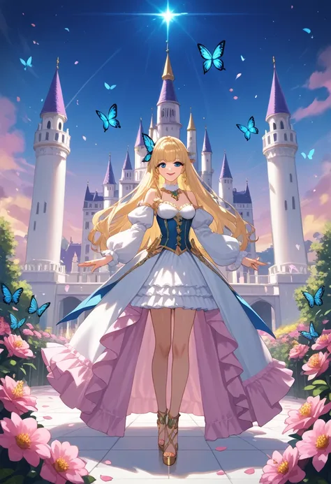 a very beautiful castle/(full body/),beautiful long blonde princess, colorful butterflies,many flowers and petals,colorful,pastel color,vivid color.score_9, score_8_up, score_7_up, score_6_up, score_5_up, score_4_up, source_anime,source_furry,rating_safe,r...