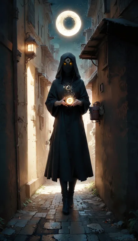 score_9, score_8_up, score_7, there is an alley in a medieval street at night, lit by torchlight, the crescent moon is high in the night sky, a (silhouette: 1.5) of a female figure can be seen in the shadows, her glowing eyes call you into the alley, dim l...