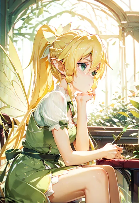 leafa, sword art online, blonde hair, hair between eyesbraid, ponytail, long hair, green eyes, pointy ears, green dress, fairy w...