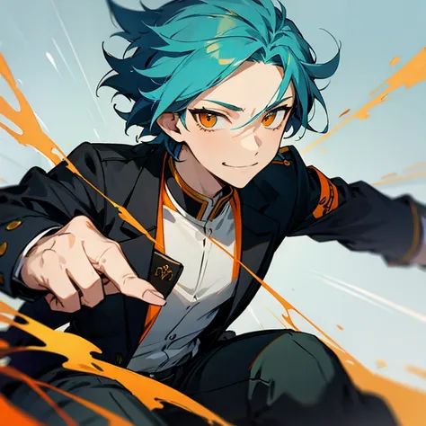 1 boy, turquoise hair, orange eyes, black cloth, handsome,  , wearing uniform, orange eye liner, smiling, ((high quality))