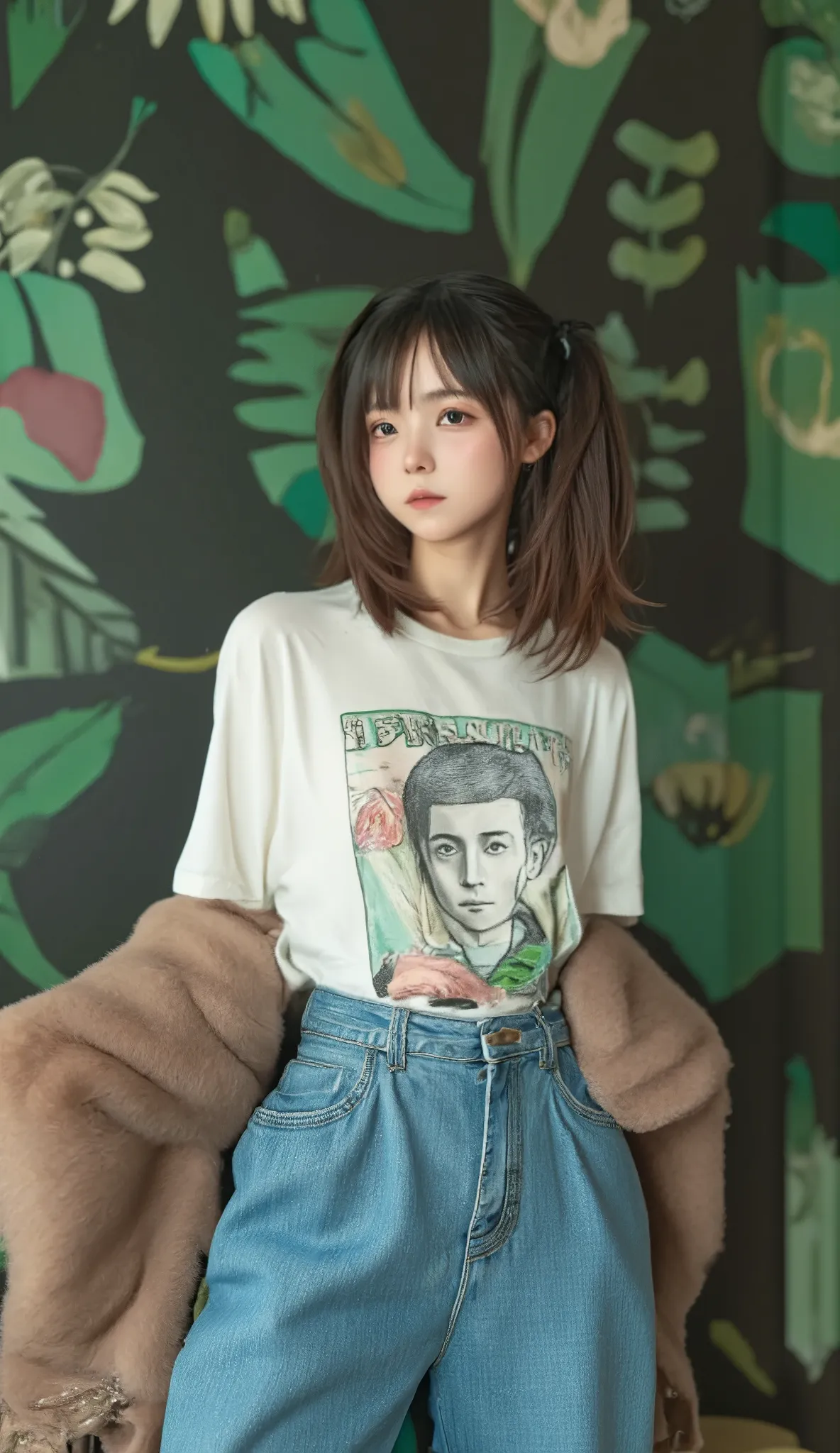 geometric background :1.3、   dark color、   cute girl hair、   look away   、printed shirt、picasso painting t-shirt 、   loose cloth...