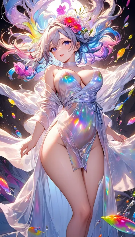 conceptual installation art, cool beauty, shiny silky disheveled hair, make up, amorous and lewd expression, captivating eyes, cortesy, elegance, dignity, curvaceous, wearing translucent iridescent robe, BREAK background blooming flowerpunk worldview, fluo...