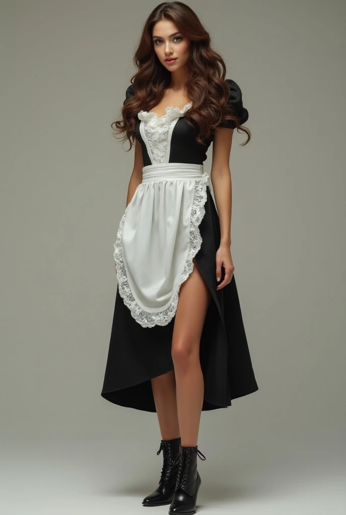 A gorgeous 42 year old lady, long curly brown hair, maid costume, black leather boots with a cute lace pattern, full body shot 