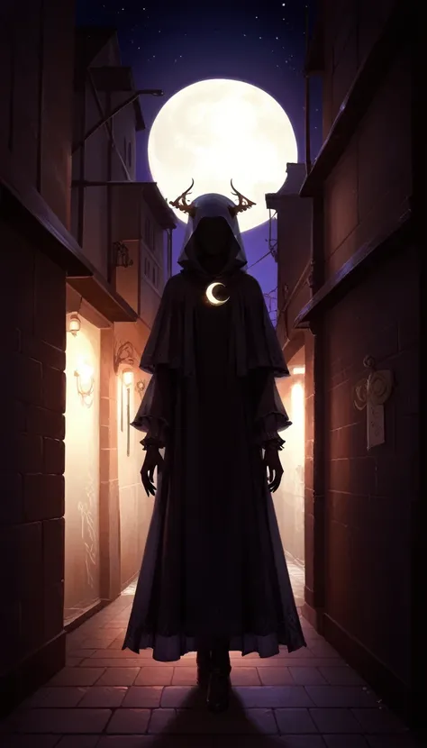 score_9, score_8_up, score_7, there is an alley in a medieval street at night, lit by torchlight, the crescent moon is high in the night sky, a silhouette of a female figure can be seen in the shadows, her glowing eyes call you into the alley, dim light,  ...