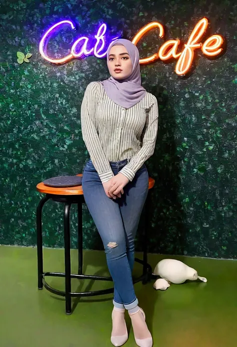 please make me a realistic photo A very beautiful young woman stands in front of a green wall with a neon sign that says "Cafe". She is wearing a striped blouse, blue jeans, and a headscarf wearing hijab. She stands with one hand on her hip and the other o...