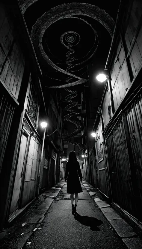 no human, bizarre scenario, Junji Ito, spiral, alley, dark, black and white, 8K, anime, horror, dutch angle