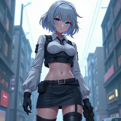  Girl with Silver hair and blue eyes She wears a short , revealing her bare belly ,  blouse over her blouse, a bulletproof vest and a very high skirt and high boots that emphasize her eroticBlue eyes, Anime style, apocalypse, 