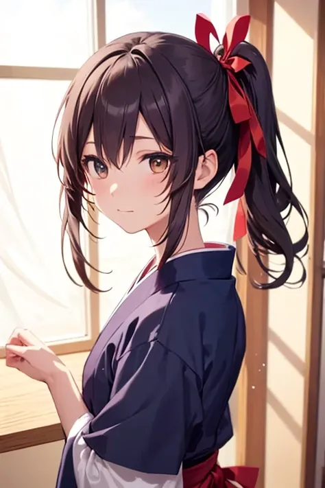  masterpiece。Best Quality。 detailed。 Japanese anime style。beautiful girl。Third grade of junior high school in Japan。The hairstyle is a side ponytail 。The hair color is ochre 。 side ponytail is bundled with a red ribbon 。I have some stray hairs that look li...