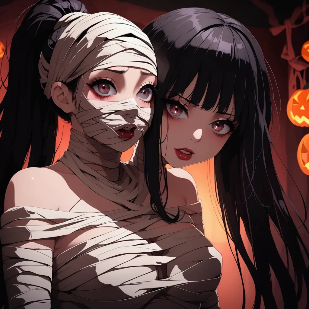 a anime girl wearing sexy small size mummy suit costume, with ahegao face experience japanese hintai face ahegao, long ponytail ...