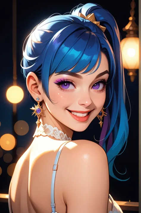  
 a girl, Alone,gradient blue hair,  Hair with a side ponytail, 
open smile,  Raising eyebrows, 
portrait, big boobs,Wear a luxurious white bra ,purple eyes, makeup,  plain background, brilliance, bokeh, film grain, Naïve art ,  masterpiece ,  high resolu...