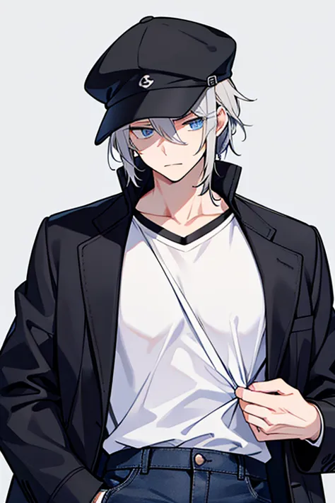 a tall man with gray hair suffering from a cold、 wears a hat with a black brim in front。wearing a blue coat 、 with a white t-shi...