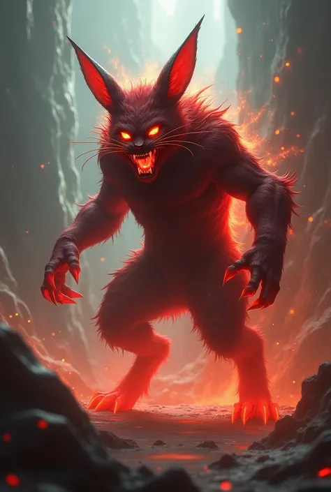 cat and rabbit hybrid and fusion his body and they look like dangerous creature in angry mood in difference space and look like big and red demon creature with unique light in night