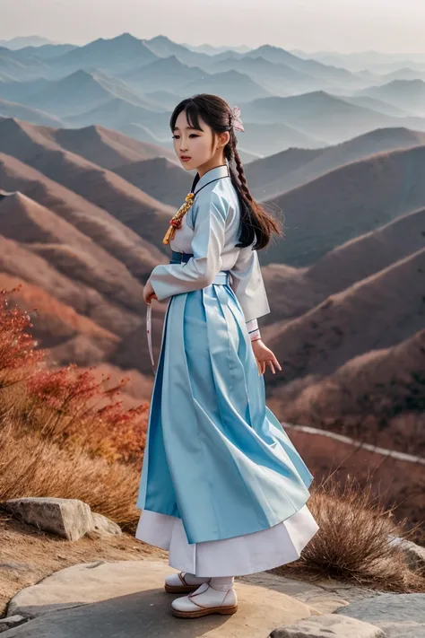 A Korean girl wearing traditional Korean Hanbok dress is standing at the top of a mountain with her hair flying