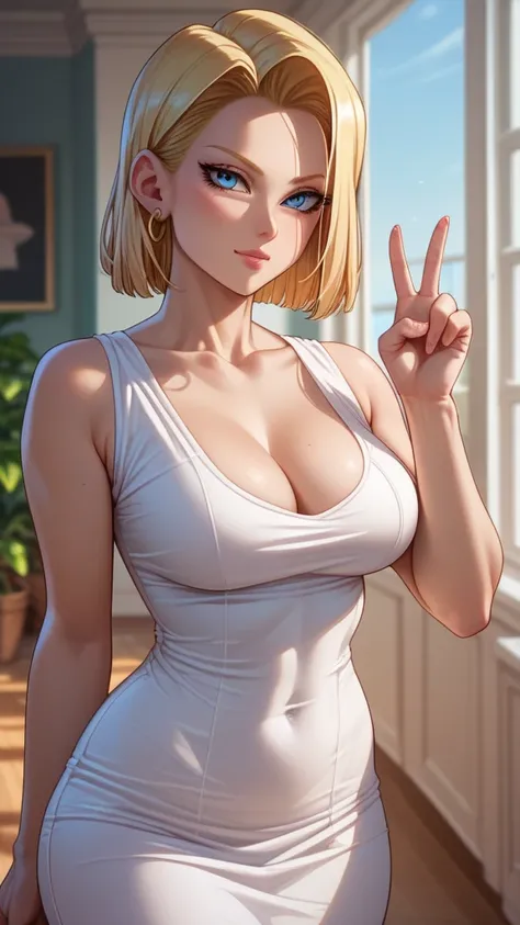 (Mature women standing、Protruding towards the viewer, Detailed, perfect eyes, Attractive perfect female body, beautiful girl with perfect breasts, Captivating woman, Big Valley, V Neck Bodycon Extra Small Dress, cowboy shot, android 18 dragon ball