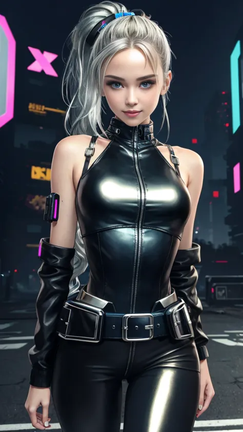 Lolita, smiling, 20 years old, ((best quality)), ((masterpiece)), (high definition:1.3), 3D, beautiful (cyberpunk:1.3), stylish woman looking at camera black leather clothes, sleeveless, embarrassed, waist skin invisible, blue-black leather pants, silver z...