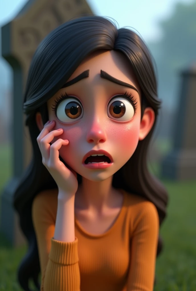 "3d Pixar style cartoon character A close-up of the wife, looking baffled and a bit nervous, raising her eyebrows with a puzzled expression as she looks at her husband. She has one hand up as if questioning him, her eyes wide with disbelief, and her lips s...