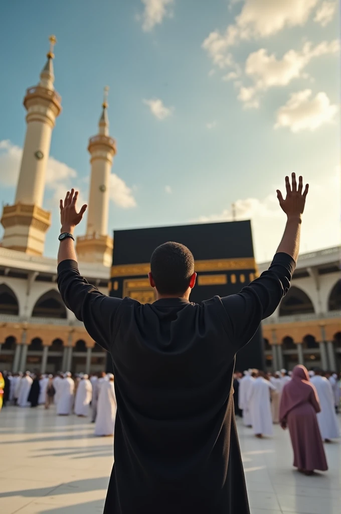 A person will stand in front of the Kaaba Sharif and cry raising his hands towards the sky in the state of Ihram