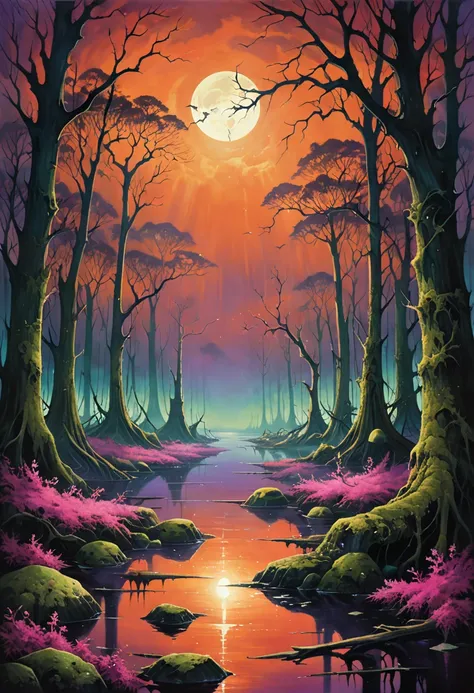 (  Depicted in painting by Dorothy Lathrop and Aaron Horkey:1.5)，dark swamp ， Low, Dry Trees ，Decaying pier， flooded ruins ， mystical landscape photography , glowing oil painting style ，Inc深Purpleible futuristic images appear on the Miracle Stone， cover ar...