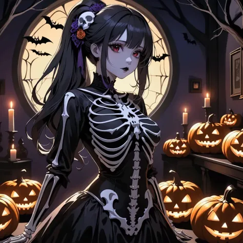 "An alluring anime girl with a curvy, big-figure stands in a dimly lit Halloween-themed room, decorated with eerie shadows and spooky decor like carved pumpkins, flickering candles, and cobwebs draped across the walls. She’s wearing a small, form-fitting s...