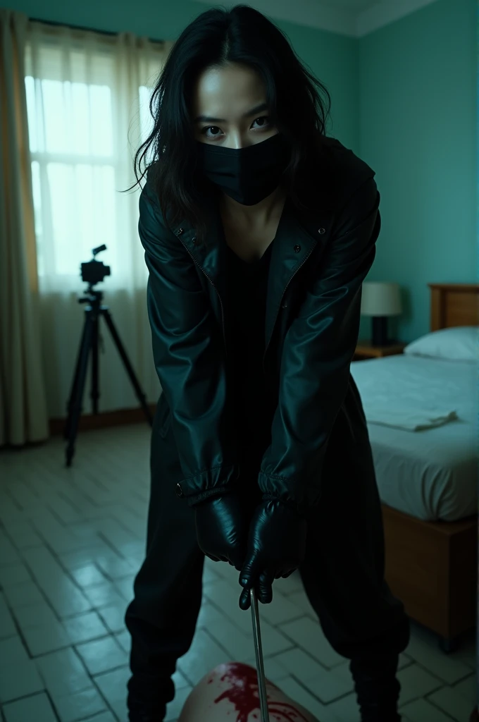 korean girl, (behind stiff, holding knife), black surgical mask, black gloves, crazy eyes, bed room, black raincoat, holding knife, trucker hat, , black gloves, woman on top, looking at viewer, behind cadaver, blood splatter, bed room, night, mass murderer...