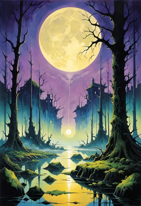 (  Depicted in painting by Dorothy Lathrop and Aaron Horkey:1.5)，dark swamp ， Low, Dry Trees ，Decaying pier， flooded ruins ， mystical landscape photography , glowing oil painting style ，Inc深Purpleible futuristic images appear on the Miracle Stone， cover ar...