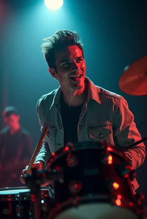 cinematic angle , direct poto of a handsome man , 20 tahun, rambut spike panjang,  playing the drums of the rock genre with the spirit , Expressive clean face , live-action, dramatic,  atmospheric spirited and thrilling , dim backlit,  spotlight from above...