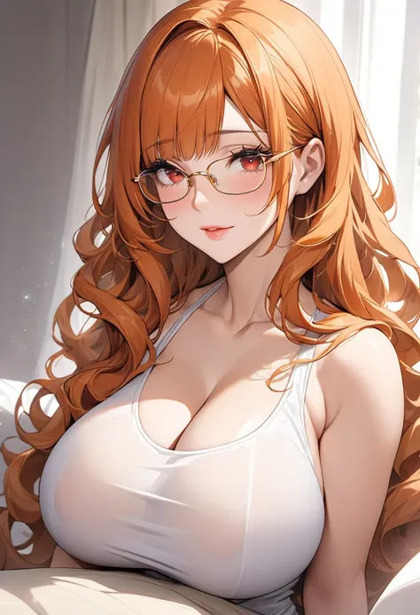 (( best quality )), (( masterpiece )), ( Details), Young woman, ( big breasts, Orange hair, Red eyes, ((My hair is very long., Long wavy hair)), (Bangs:1.3) , curve, large chest, huge breasts, Beautiful face, Beautiful skin , Long eyelashes, Thick eyelashe...