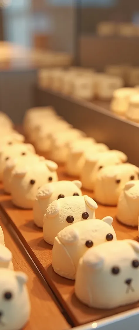 (Puddings in the shape of a one-stroke dogs face are lined up in a showcase on a square:2.0),(Cake shop:2.0),( minimalist:2.0),(3d),(Artistic Rendering),( Simple Design :2.0)