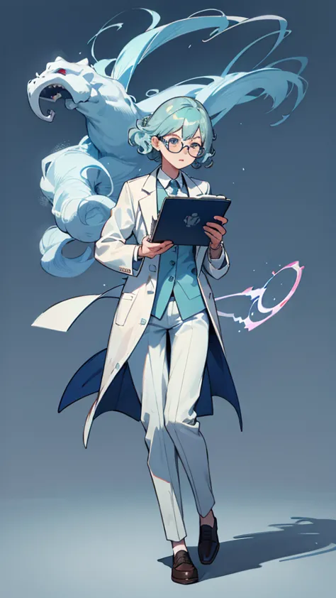 big glasses、light blue hair、natural curls, shortcuts 、daredevil expression、full body、,medical students、male