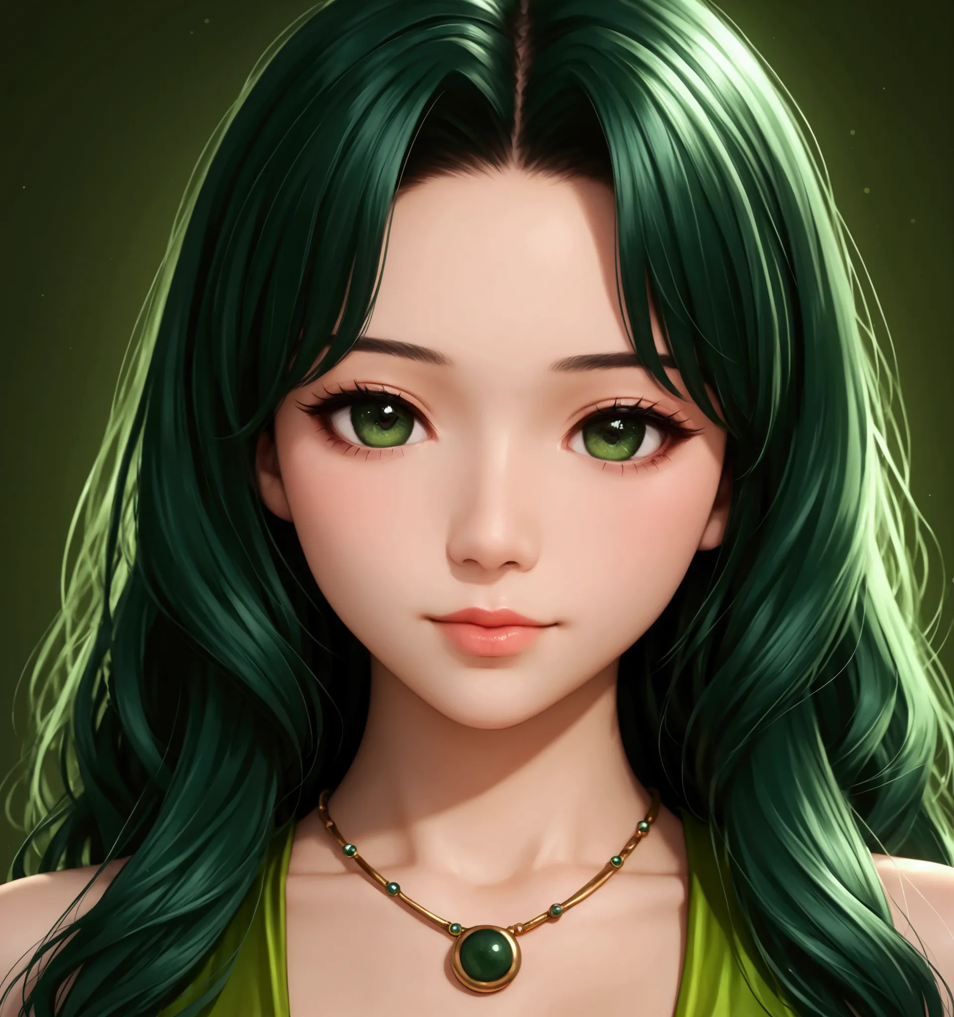 a close up of a woman with a green dress and a necklace, artwork in the style of guweiz, realistic anime 3 d style, beautiful an...