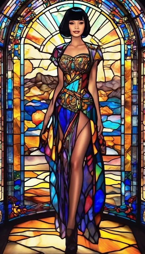 stained glass style art of full body portrait of beautiful girl with black hair bob cut in costume with deep slit、colourfull、pho...