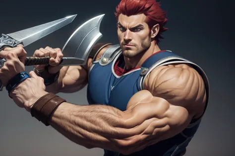 cartoon,best quality, masterpiece, detailed, lion-oQuiron character, 1boy, super muscular giant, with muscular arms, broad shoulders, giant toned physique, muscular veins popping, super hairy brown, blue eyes, with veins popping red hair, rampage, blue out...